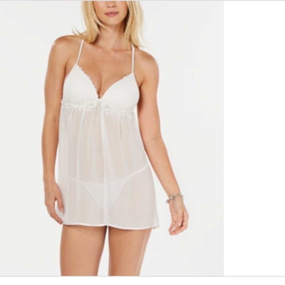 Linea Donatella Juliet Lace-Trim Chiffon Babydoll Chemise Nightgown Lingerie